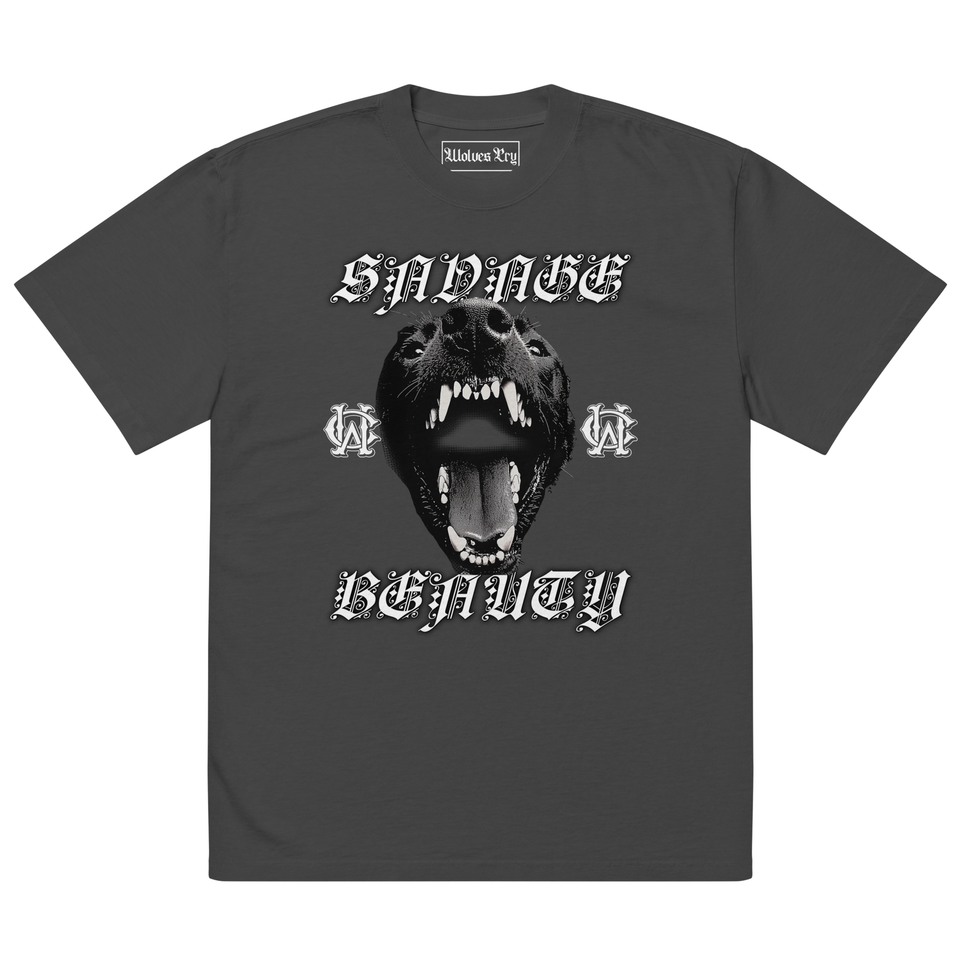 Flat lay mockup of Wolves Cry Savage Beauty Tee in vintage charcoal, featuring graphic wolf motif and gothic text
