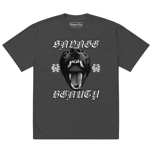 Flat lay mockup of Wolves Cry Savage Beauty Tee in vintage charcoal, featuring graphic wolf motif and gothic text