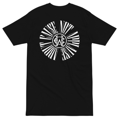 Back of black streetwear tee with bold circular “About Cause Not Applause” print in white
