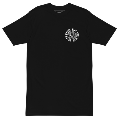 Black heavyweight t-shirt with Wolves Cry monogram on chest, minimal graphic front design