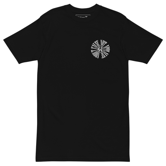 Black heavyweight t-shirt with Wolves Cry monogram on chest, minimal graphic front design