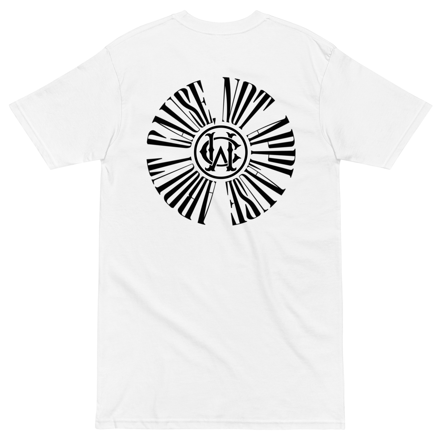 White Wolves Cry tee with full circular text graphic – back product display