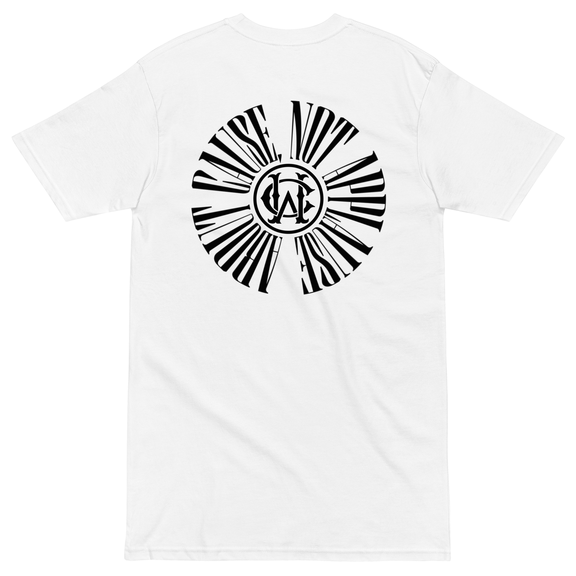 White Wolves Cry tee with full circular text graphic – back product display