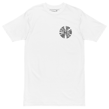 Wolves Cry white heavyweight t-shirt with circular graphic front logo – front product view