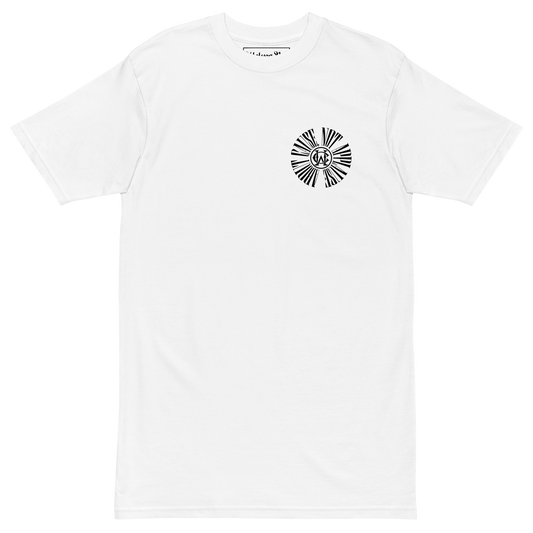 Wolves Cry white heavyweight t-shirt with circular graphic front logo – front product view
