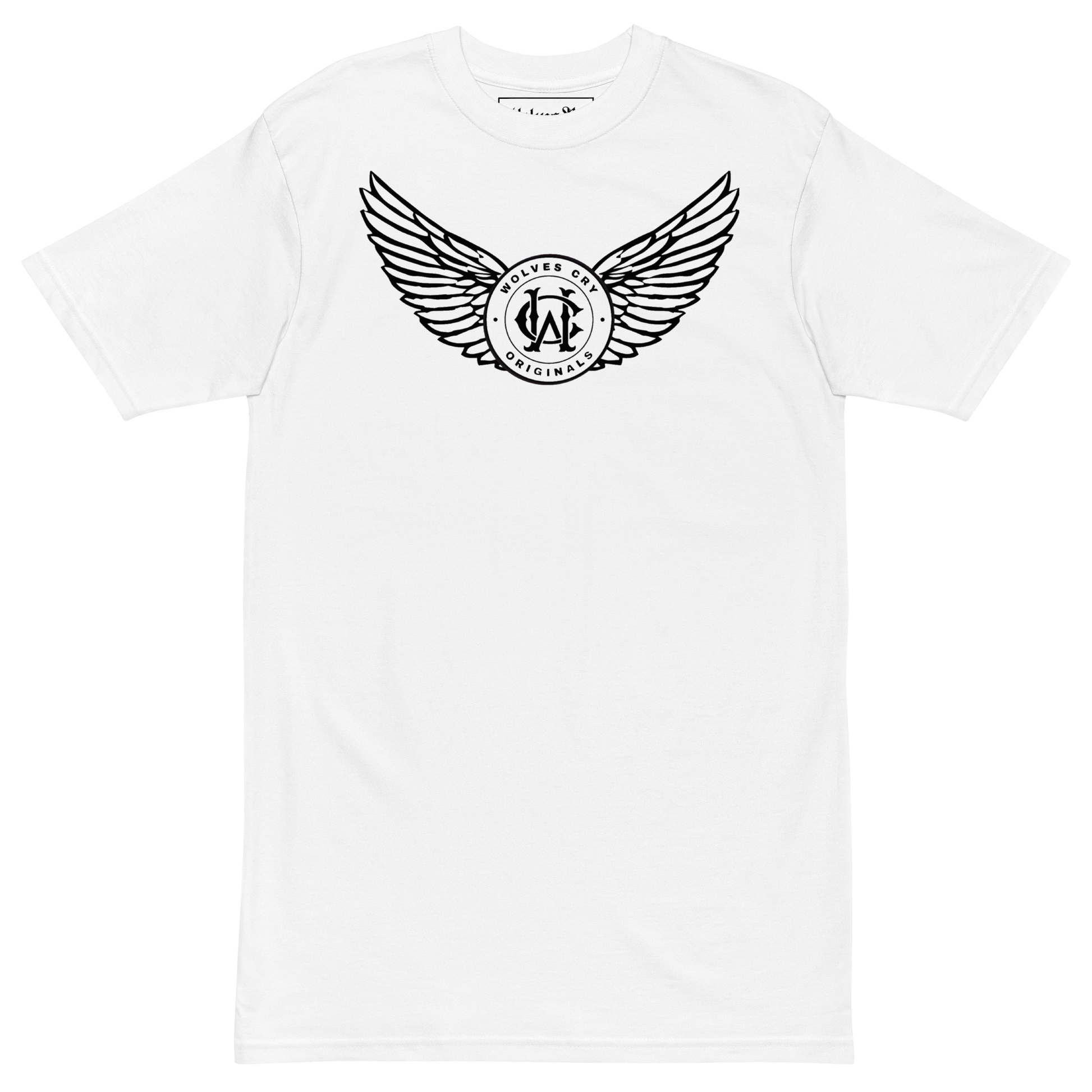 White WC Flight Academy Tee with winged monogram logo – front lay flat view, heavyweight streetwear staple.