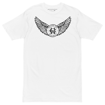 White WC Flight Academy Tee with winged monogram logo – front lay flat view, heavyweight streetwear staple.