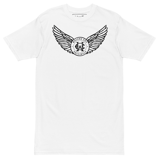 White WC Flight Academy Tee with winged monogram logo – front lay flat view, heavyweight streetwear staple.