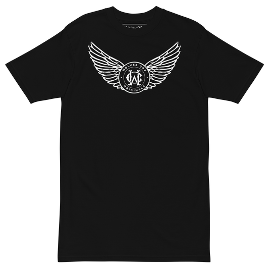 Black heavyweight tee with Wolves Cry winged monogram, front view lay flat