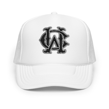 White foam trucker hat with WC monogram in classic stitch embroidery – Wolves Cry Originals