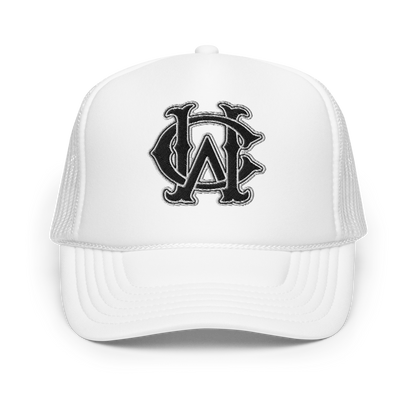 White foam trucker hat with WC monogram in classic stitch embroidery – Wolves Cry Originals