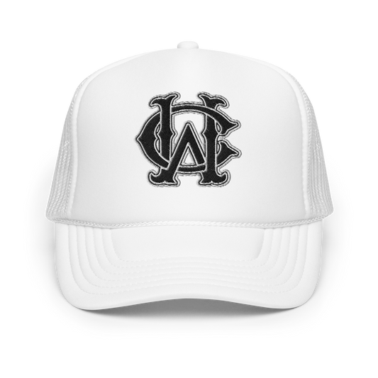 White foam trucker hat with WC monogram in classic stitch embroidery – Wolves Cry Originals