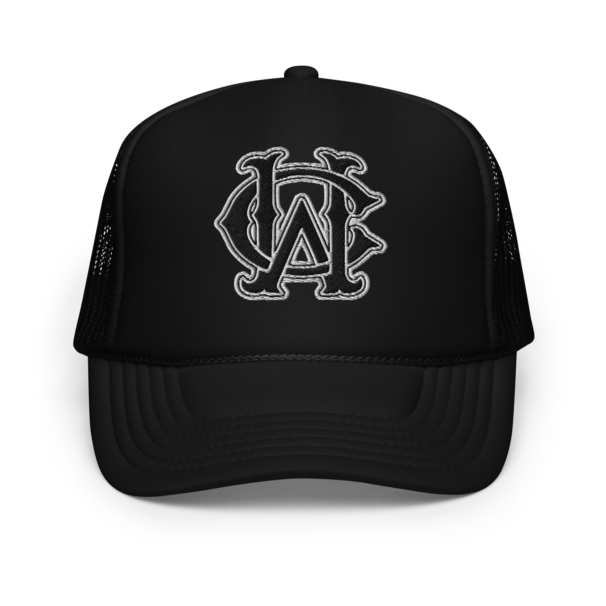Black foam trucker hat with WC monogram in shadow stitch embroidery – Wolves Cry Originals