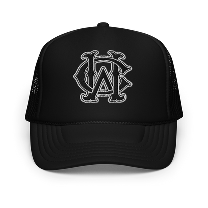 Black foam trucker hat with WC monogram in shadow stitch embroidery – Wolves Cry Originals