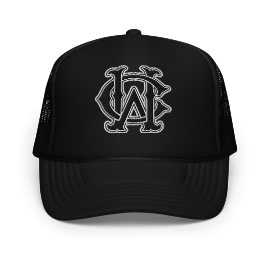 Black foam trucker hat with WC monogram in shadow stitch embroidery – Wolves Cry Originals
