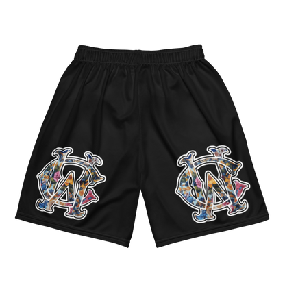 Back of black WC Shadow Floral Mesh Shorts with oversized floral WC graphic