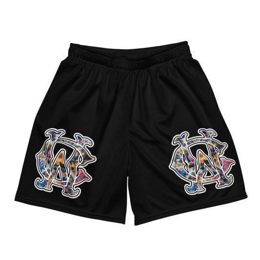 Black WC Shadow Floral Mesh Shorts with high-contrast Wolves Cry logo on front
