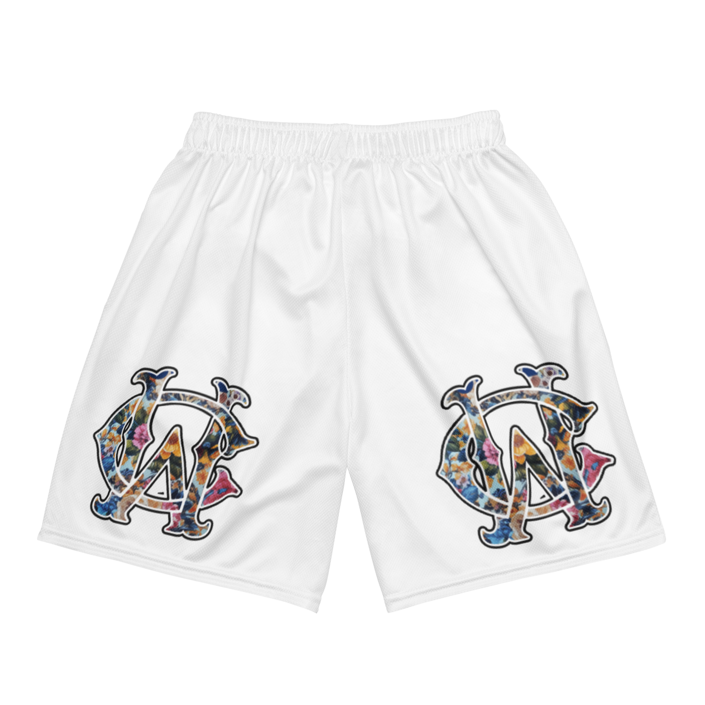 Back of white WC Shadow Floral Mesh Shorts featuring large floral monogram graphic