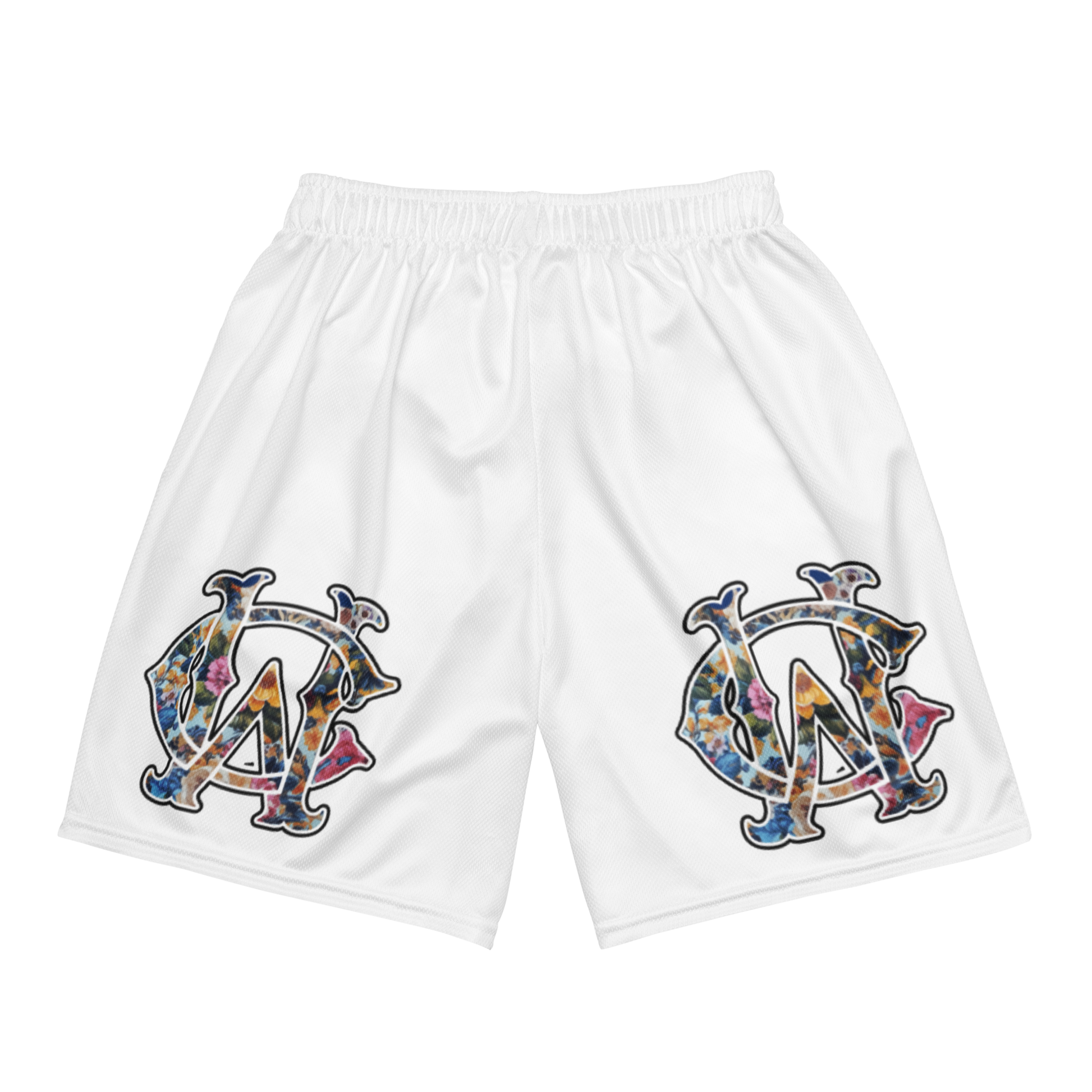 Back of white WC Shadow Floral Mesh Shorts featuring large floral monogram graphic