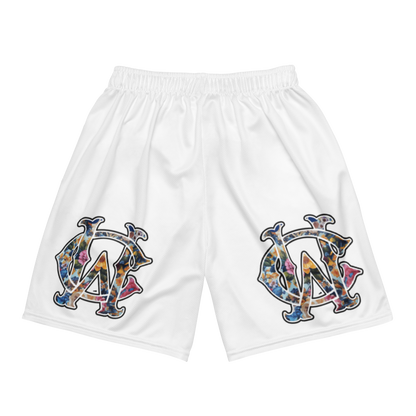 Back of white WC Shadow Floral Mesh Shorts featuring large floral monogram graphic