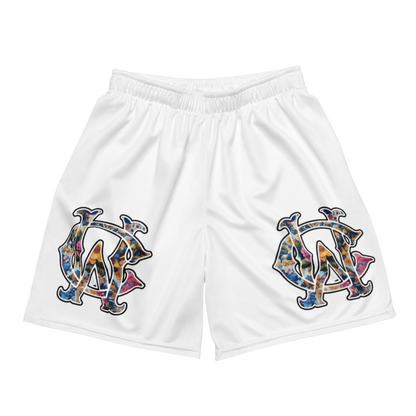 White WC Shadow Floral Mesh Shorts with gothic logo on front and athletic fit