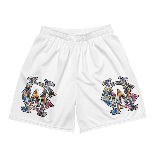 White WC Shadow Floral Mesh Shorts with gothic logo on front and athletic fit
