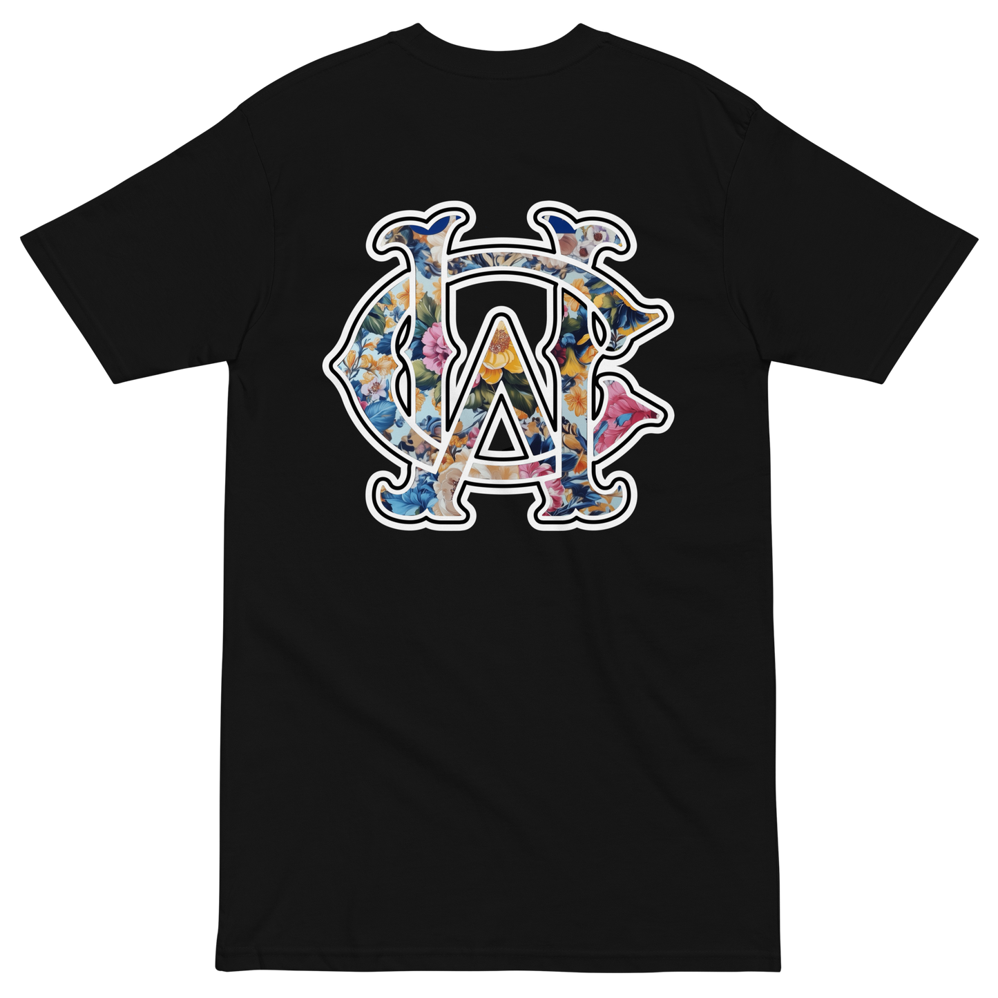 Wolves Cry Shadow Floral Tee back mockup with detailed floral monogram on heavyweight black tee