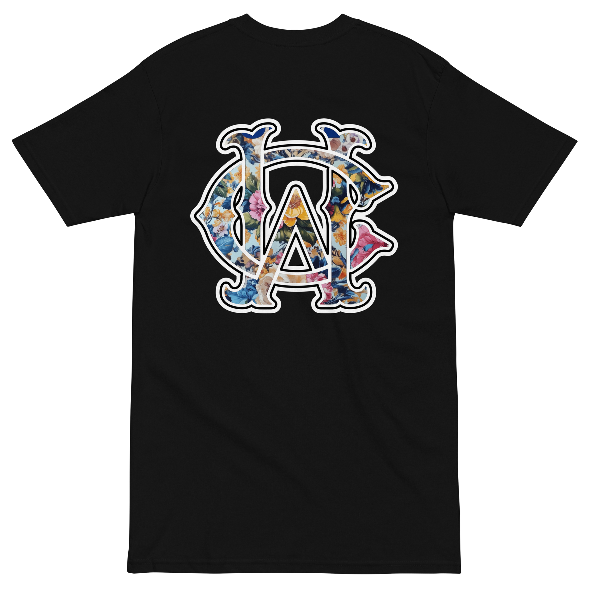 Wolves Cry Shadow Floral Tee back mockup with detailed floral monogram on heavyweight black tee