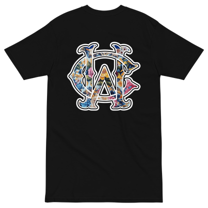Wolves Cry Shadow Floral Tee back mockup with detailed floral monogram on heavyweight black tee