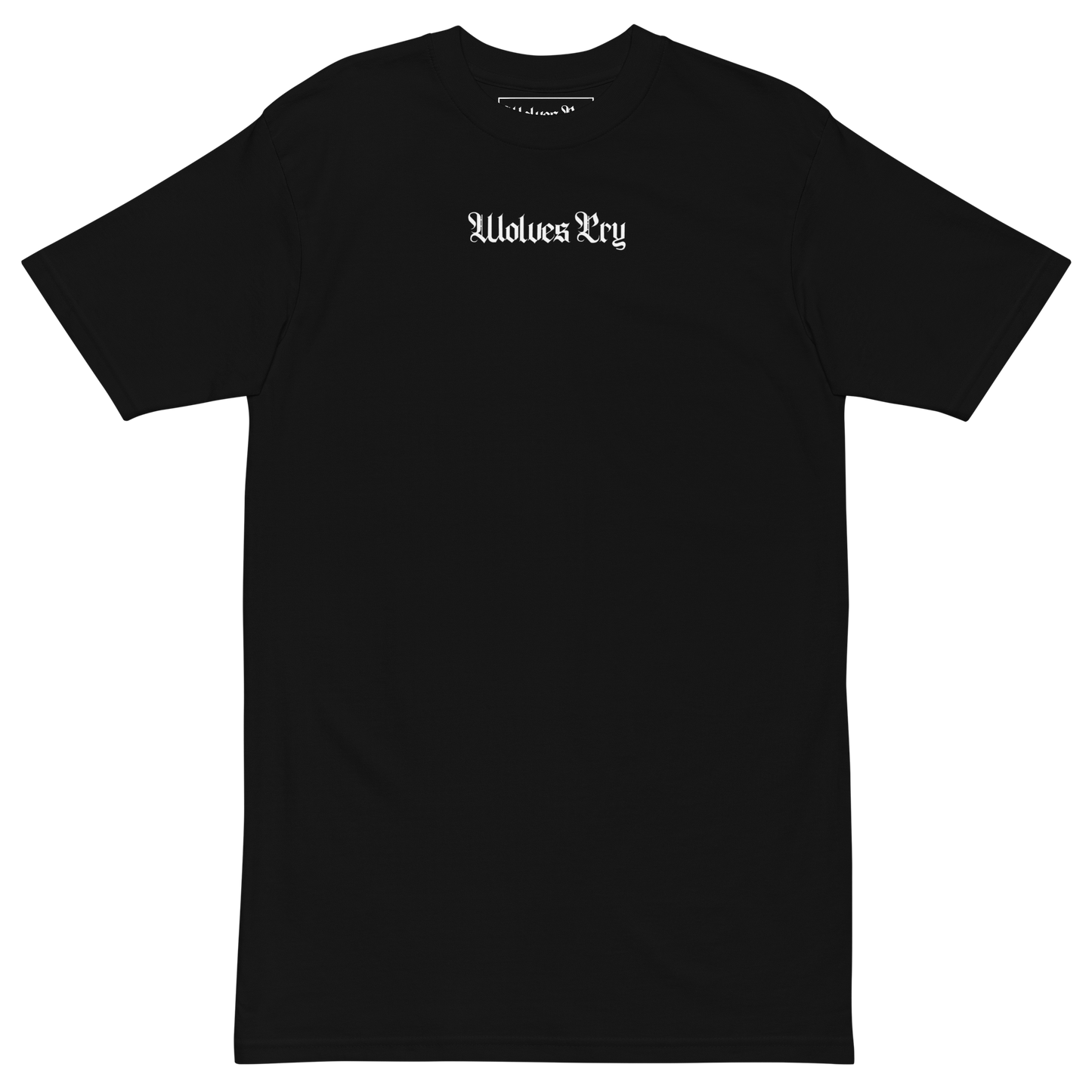 Wolves Cry Shadow Floral Tee front mockup — gothic text logo centered on chest