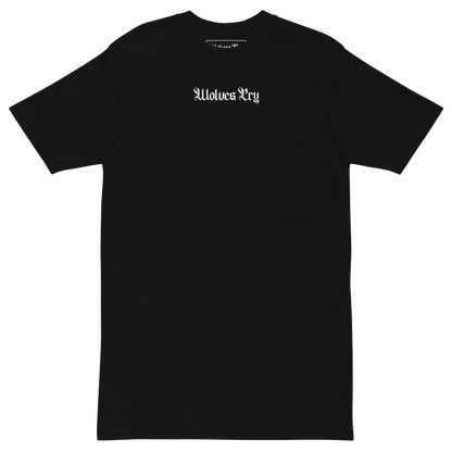 Wolves Cry Shadow Floral Tee front mockup — gothic text logo centered on chest