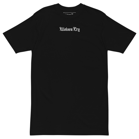Wolves Cry Shadow Floral Tee front mockup — gothic text logo centered on chest