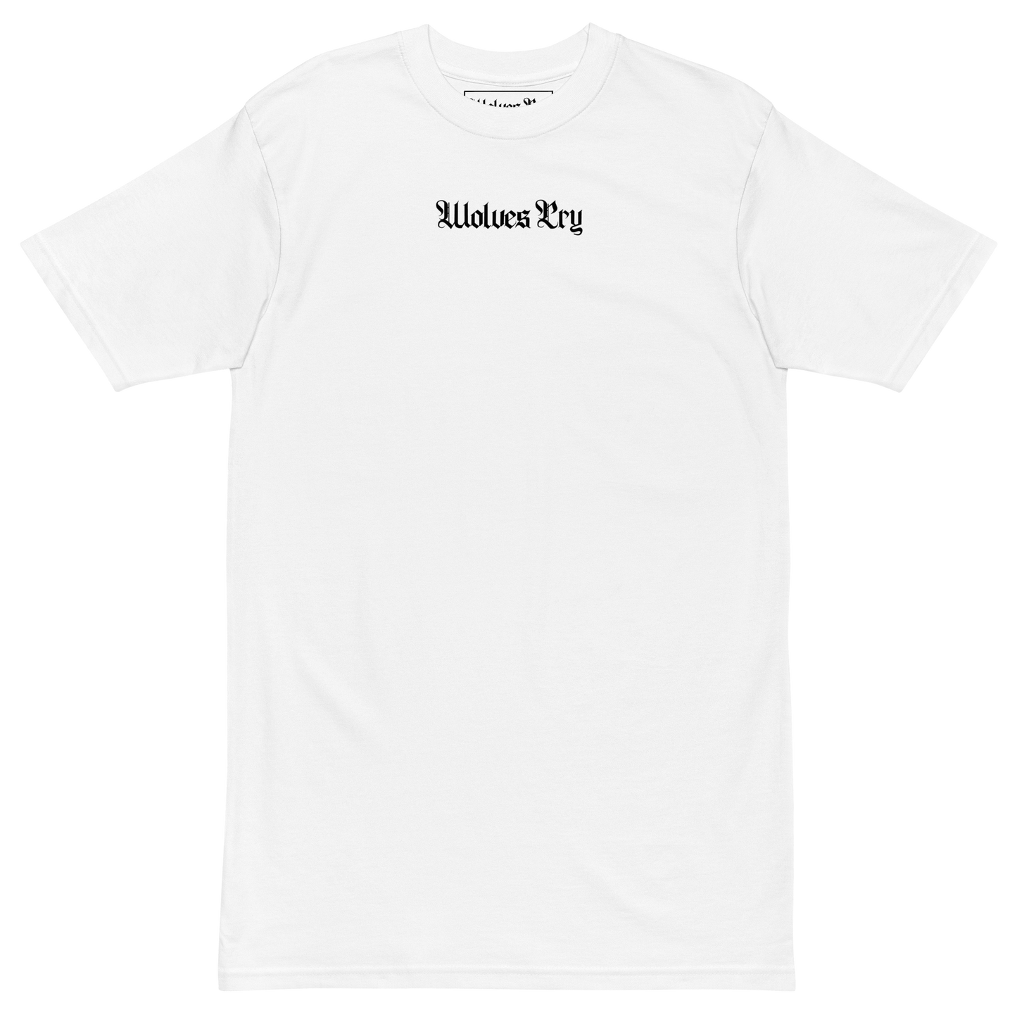 Wolves Cry Shadow Floral Tee white mockup — gothic chest logo on heavyweight cotton