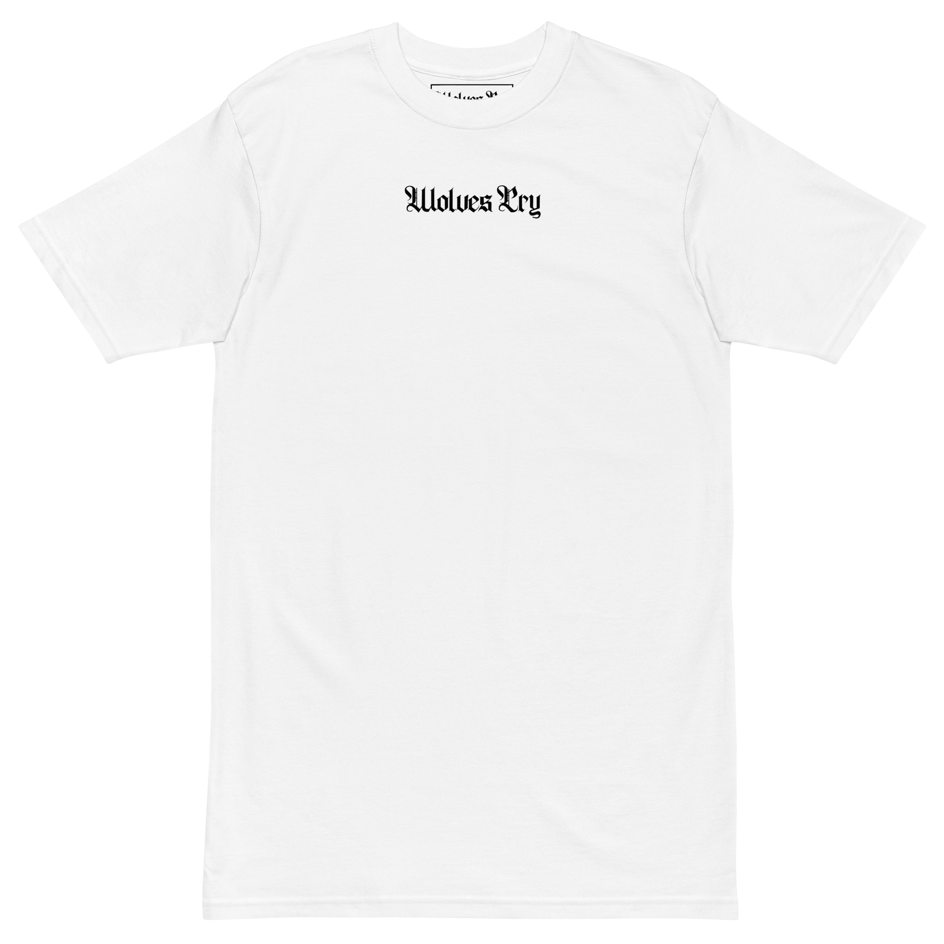 Wolves Cry Shadow Floral Tee white mockup — gothic chest logo on heavyweight cotton
