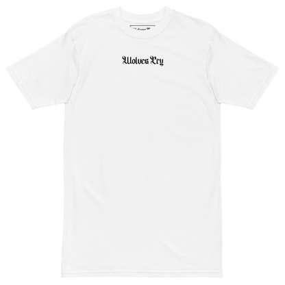 Wolves Cry Shadow Floral Tee white mockup — gothic chest logo on heavyweight cotton