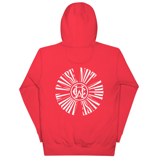 Red hoodie with a white logo on the back against a white background