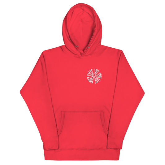 Red hoodie with a white logo on a white background