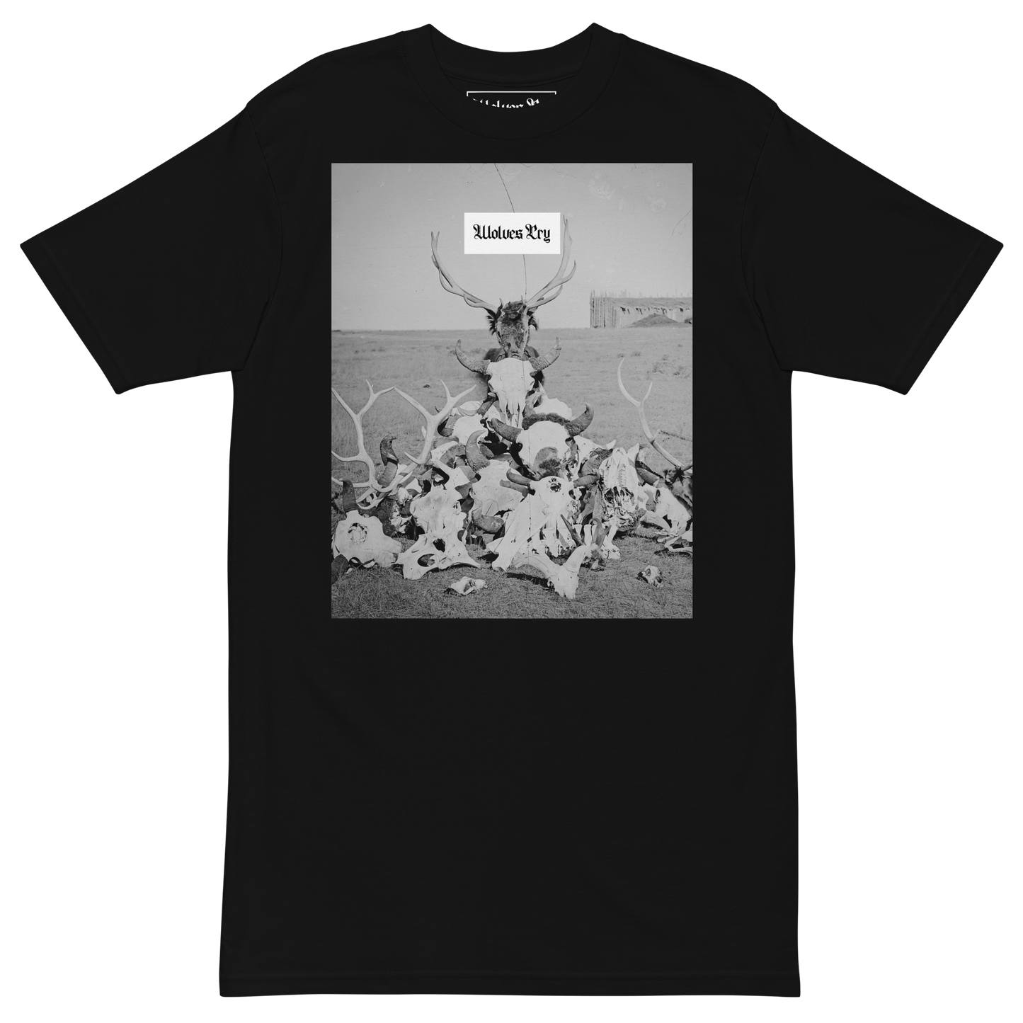 Wolves Cry Death Valley Tee in black, featuring a bold black-and-white graphic of skulls and antlers. Made from heavyweight combed cotton for a premium streetwear fit.