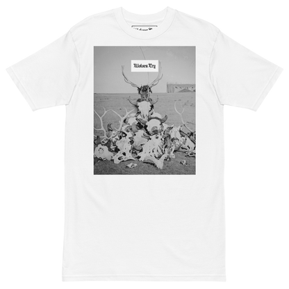 Wolves Cry Originals Death Valley Tee in white, crafted from 100% combed ring-spun cotton. Features a bold black-and-white graphic of antlers and skulls, embodying the poetic cycle of life. Perfect for streetwear enthusiasts seeking durability and style.