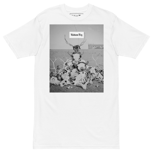 Wolves Cry Originals Death Valley Tee in white, crafted from 100% combed ring-spun cotton. Features a bold black-and-white graphic of antlers and skulls, embodying the poetic cycle of life. Perfect for streetwear enthusiasts seeking durability and style.