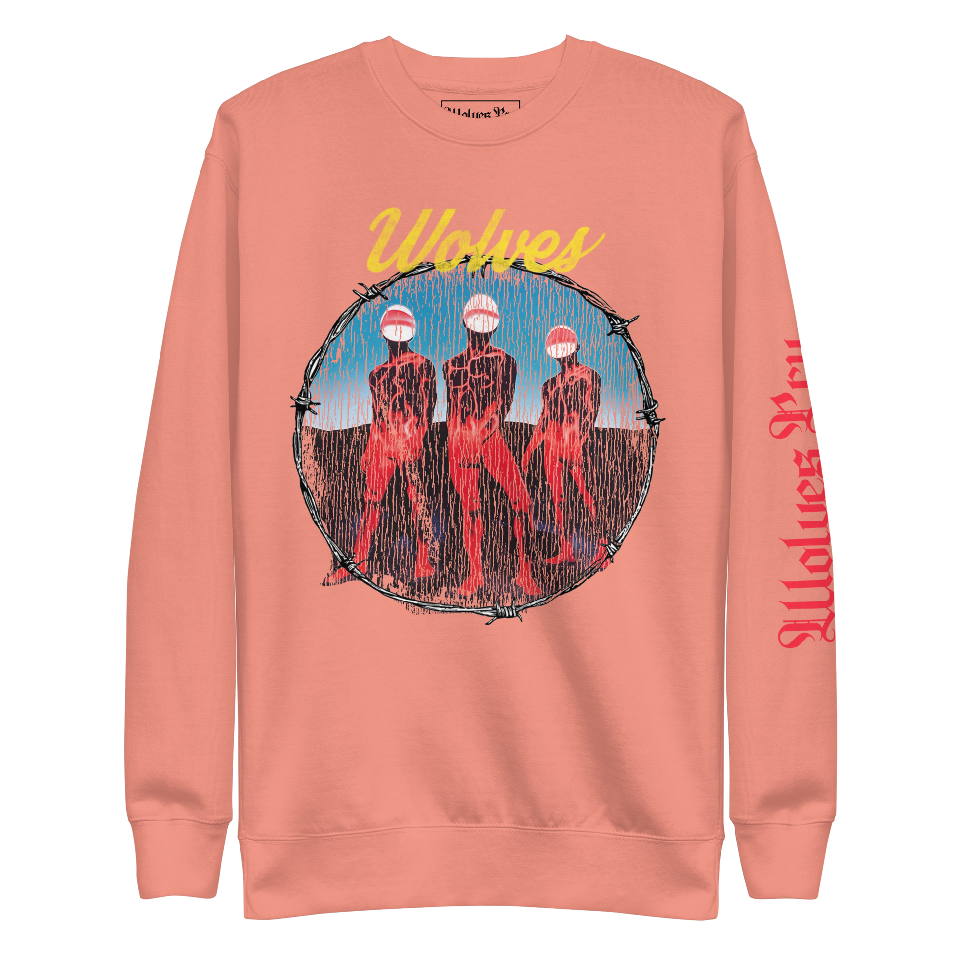 Wolves Cry Descendants crewneck in coral — heavyweight sweatshirt with bold multicolor album-cover graphic and sleeve print.