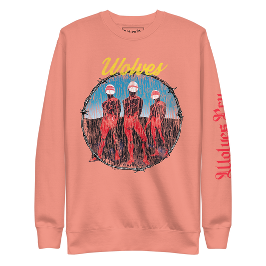 Wolves Cry Descendants crewneck in coral — heavyweight sweatshirt with bold multicolor album-cover graphic and sleeve print.