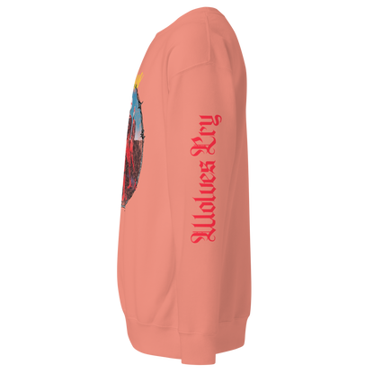 Close-up of Wolves Cry sleeve print on coral Descendants crewneck — premium contrasting ink detail.