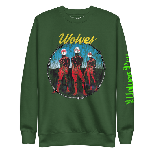 Wolves Cry Descendants crewneck in forest green — heavyweight green sweatshirt with bold multicolor graphic and fluorescent sleeve print.