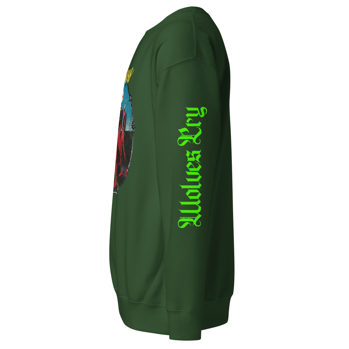 Forest green Descendants crewneck sleeve detail showing Wolves Cry script print in fluorescent ink — premium streetwear finish.