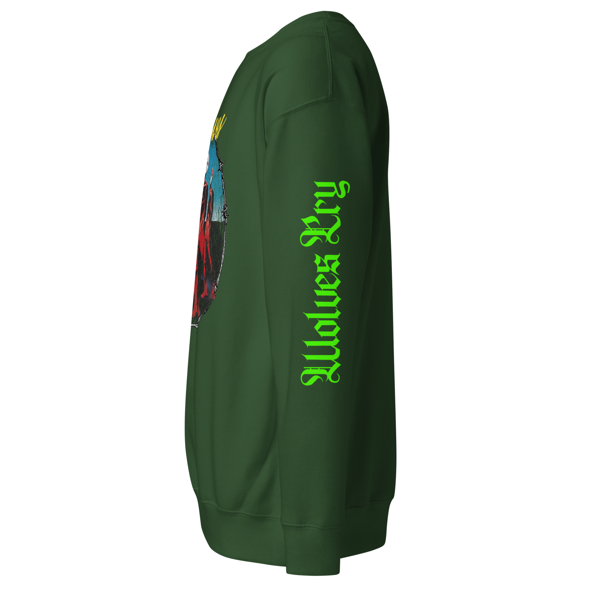 Forest green Descendants crewneck sleeve detail showing Wolves Cry script print in fluorescent ink — premium streetwear finish.