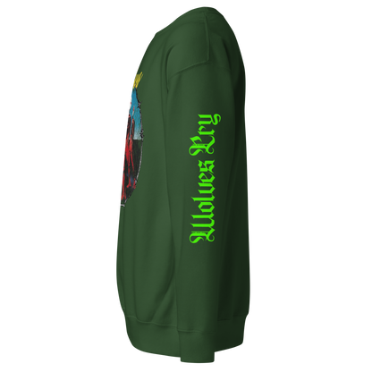 Forest green Descendants crewneck sleeve detail showing Wolves Cry script print in fluorescent ink — premium streetwear finish.