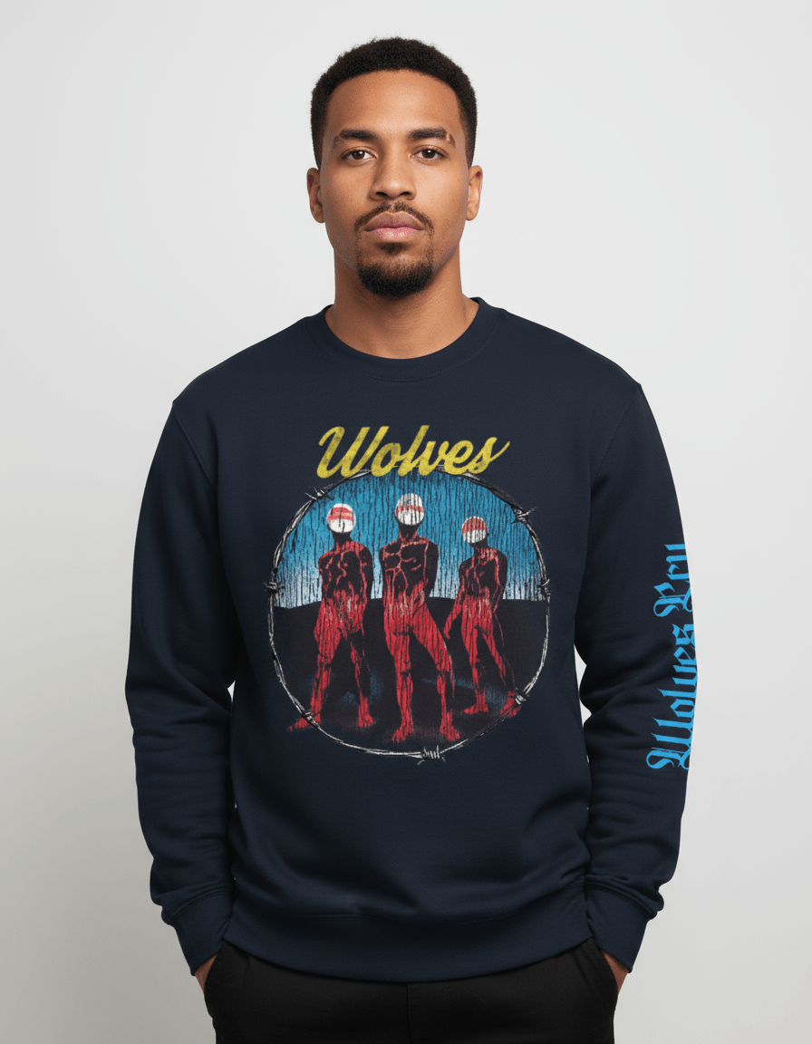Model wearing Wolves Cry Descendants crewneck in navy, showcasing bold multicolor front graphic and contrasting baby blue sleeve print.