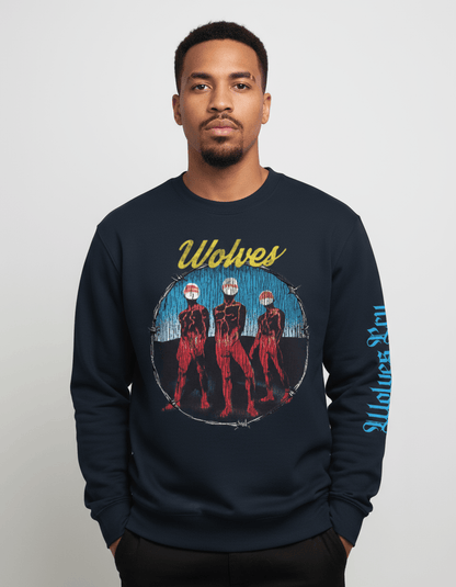 Model wearing Wolves Cry Descendants crewneck in navy, showcasing bold multicolor front graphic and contrasting baby blue sleeve print.