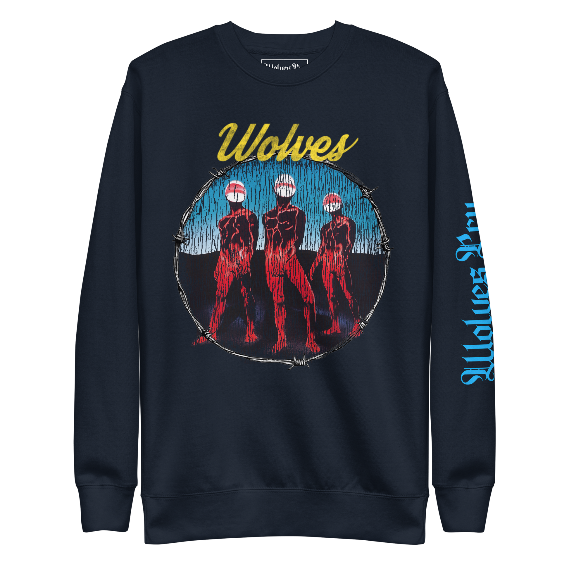 Wolves Cry Descendants crewneck in navy — heavyweight sweatshirt with multicolor rock-inspired graphic and baby blue sleeve print.